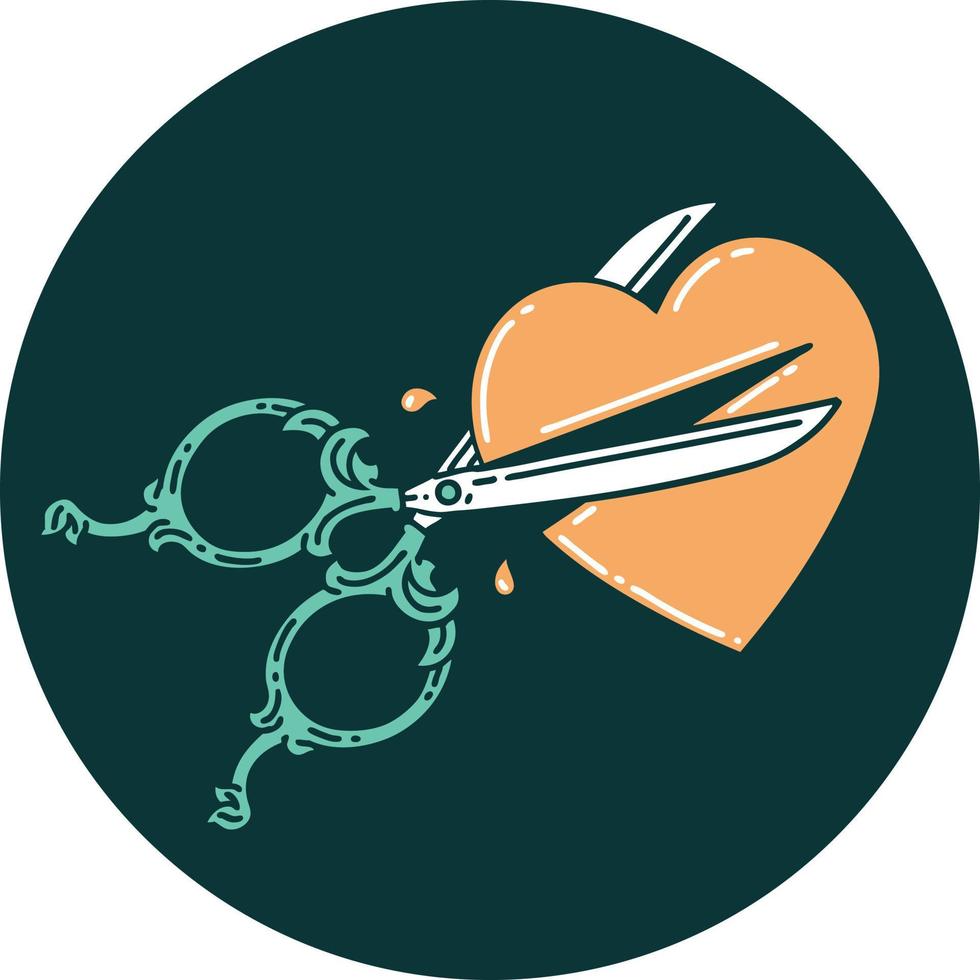 iconic tattoo style image of scissors cutting a heart vector