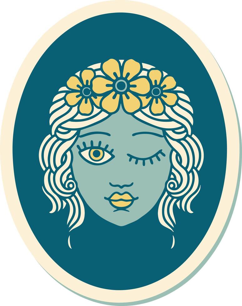 sticker of tattoo in traditional style of a maiden with crown of flowers winking vector