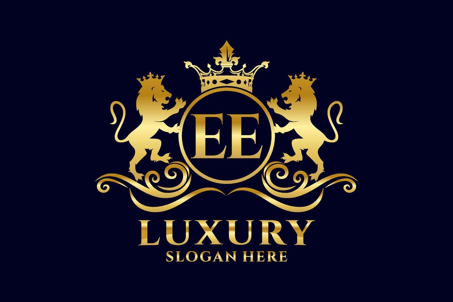 Initial EE Letter Lion Royal Luxury Logo template in vector art for luxurious branding projects and other vector illustration.