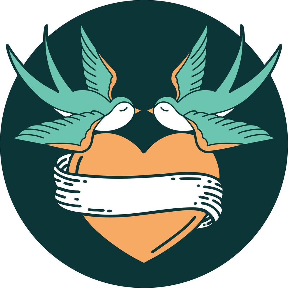 iconic tattoo style image of swallows and a heart with banner vector