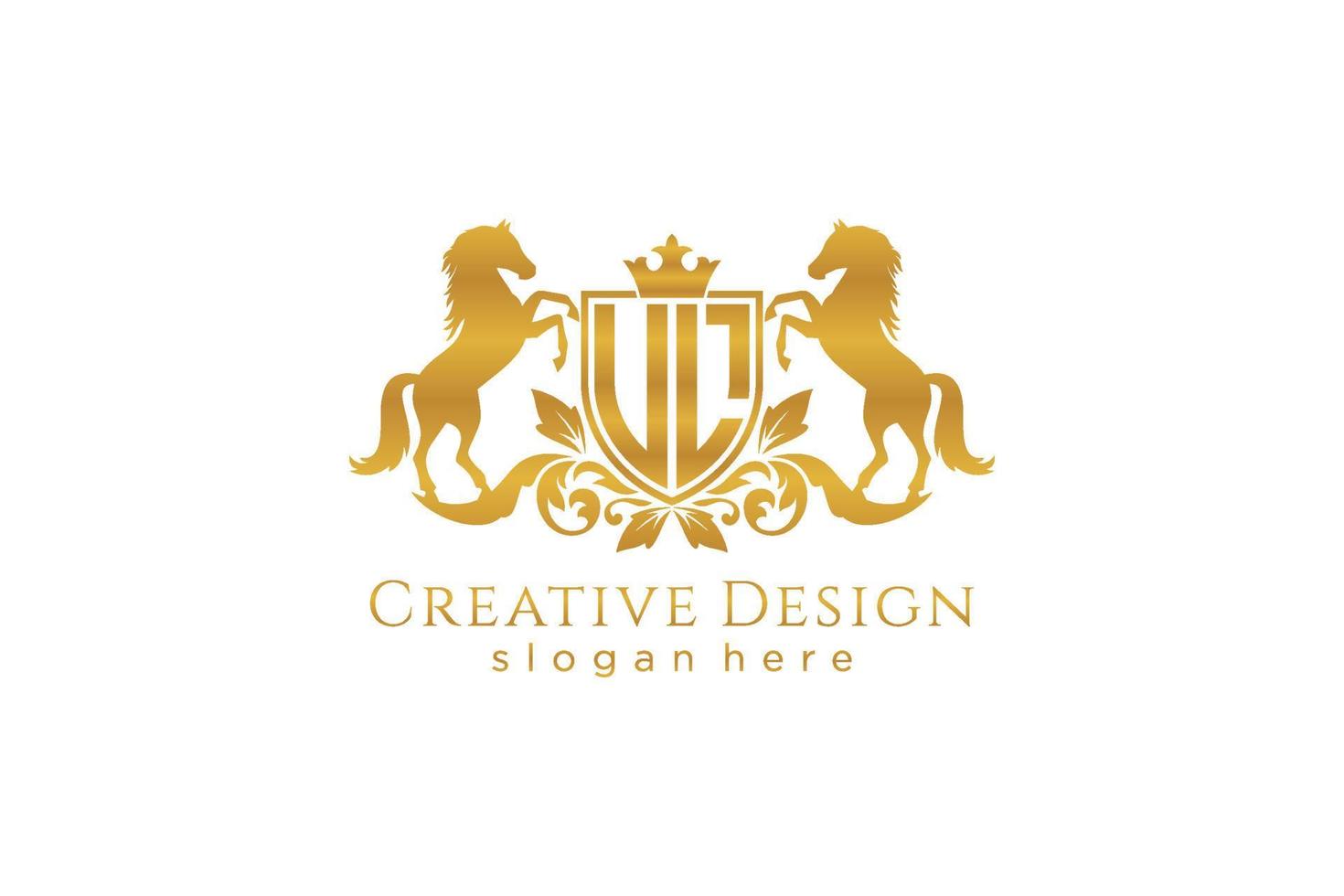initial UL Retro golden crest with shield and two horses, badge template with scrolls and royal crown - perfect for luxurious branding projects vector