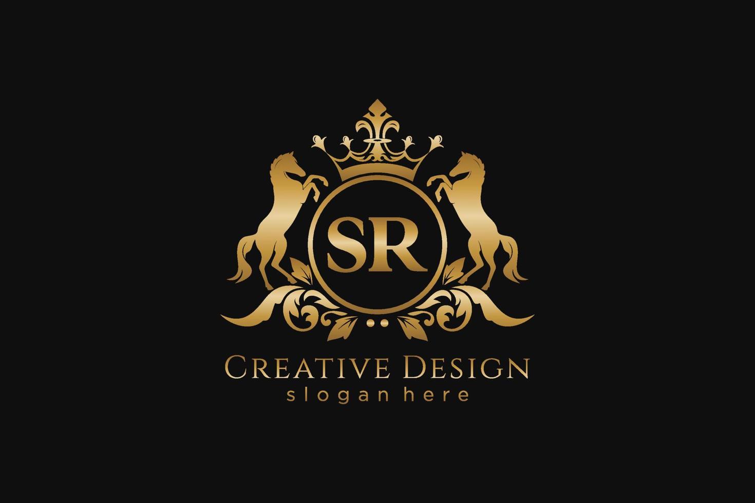 initial SR Retro golden crest with circle and two horses, badge template with scrolls and royal crown - perfect for luxurious branding projects vector