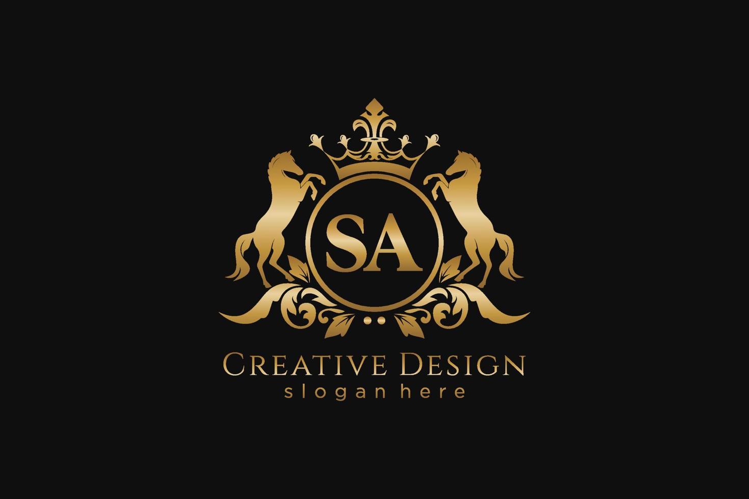 initial SA Retro golden crest with circle and two horses, badge template with scrolls and royal crown - perfect for luxurious branding projects vector