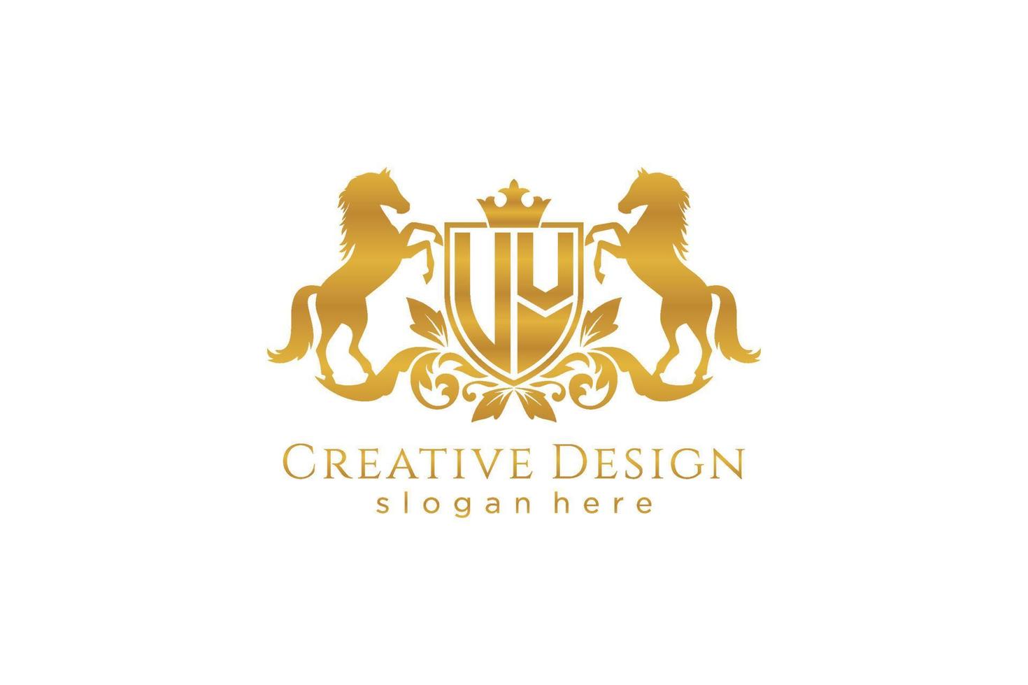 initial UV Retro golden crest with shield and two horses, badge template with scrolls and royal crown - perfect for luxurious branding projects vector
