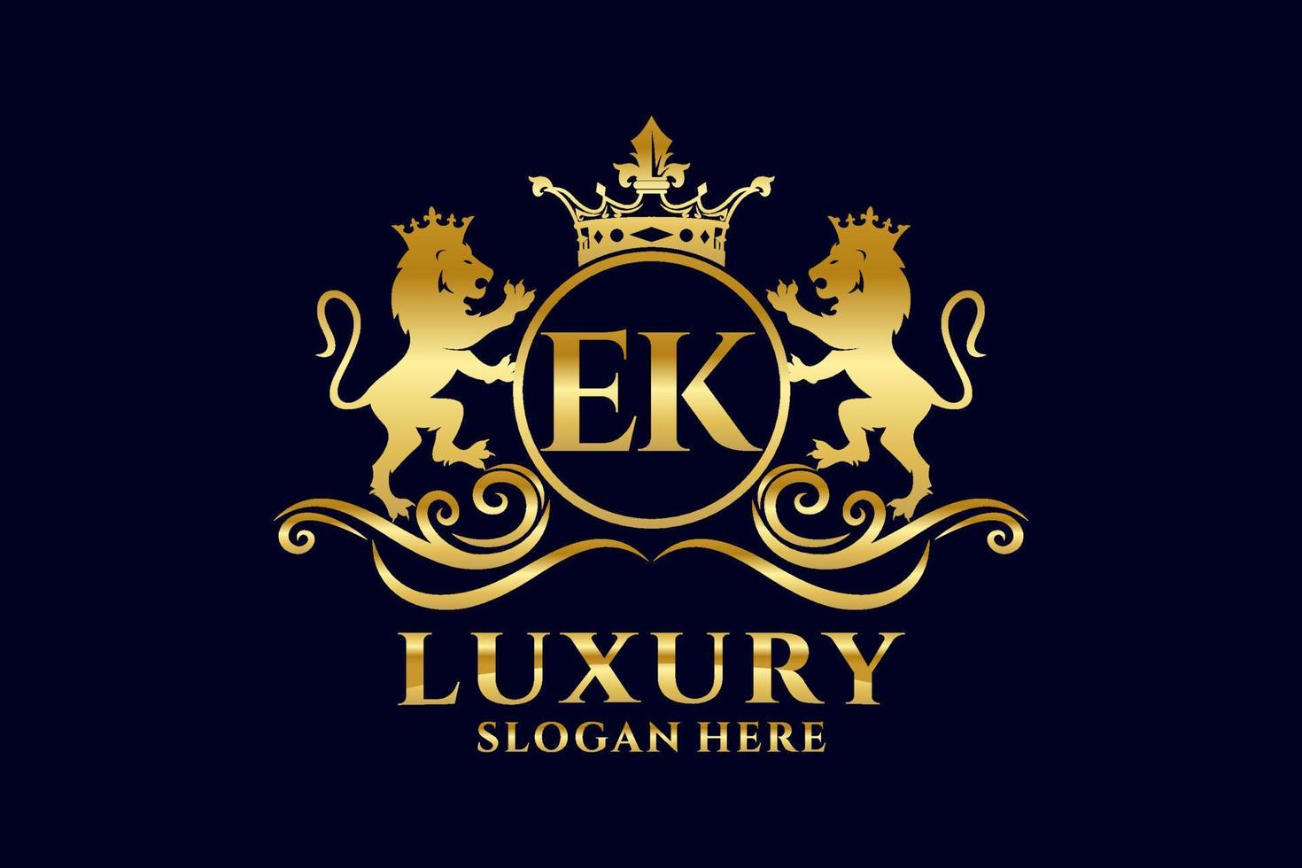 Initial EK Letter Lion Royal Luxury Logo template in vector art for luxurious branding projects and other vector illustration.