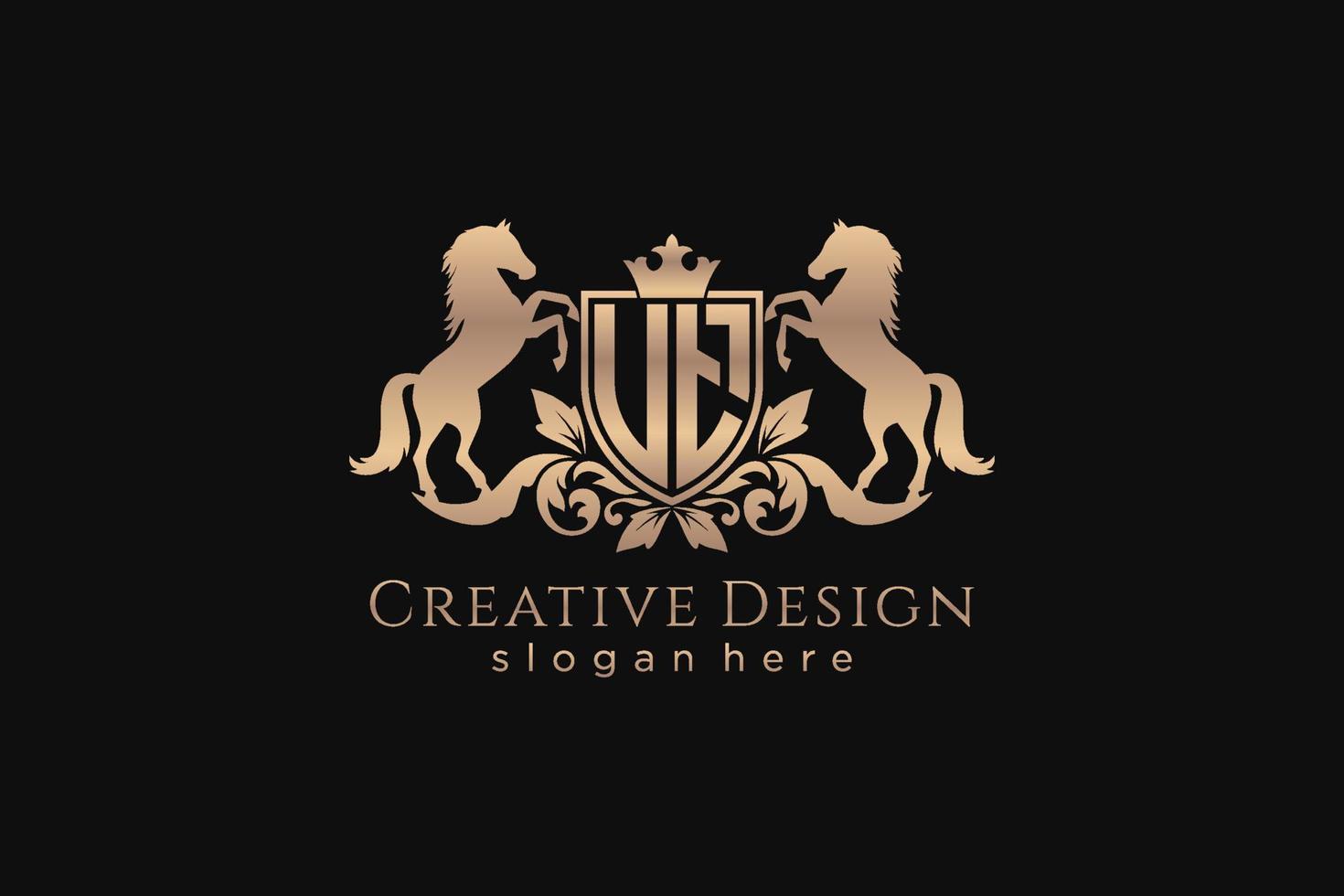 initial UT Retro golden crest with shield and two horses, badge template with scrolls and royal crown - perfect for luxurious branding projects vector