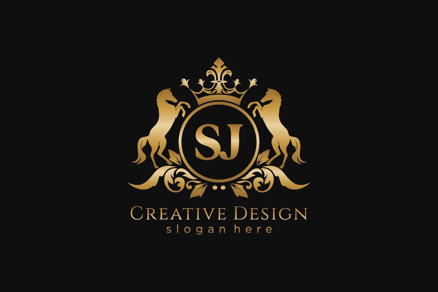 initial SJ Retro golden crest with circle and two horses, badge template with scrolls and royal crown - perfect for luxurious branding projects vector