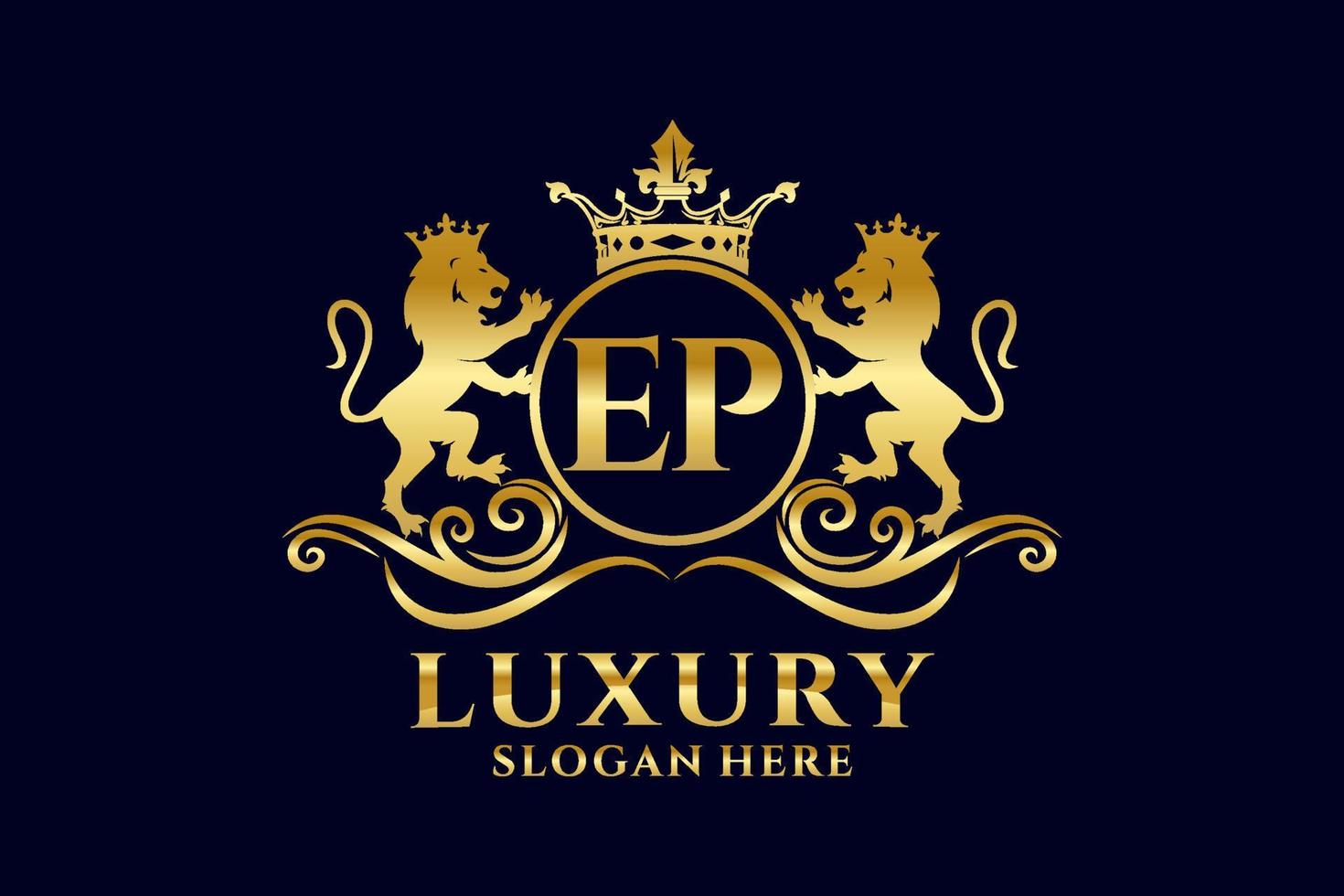 Initial EP Letter Lion Royal Luxury Logo template in vector art for luxurious branding projects and other vector illustration.