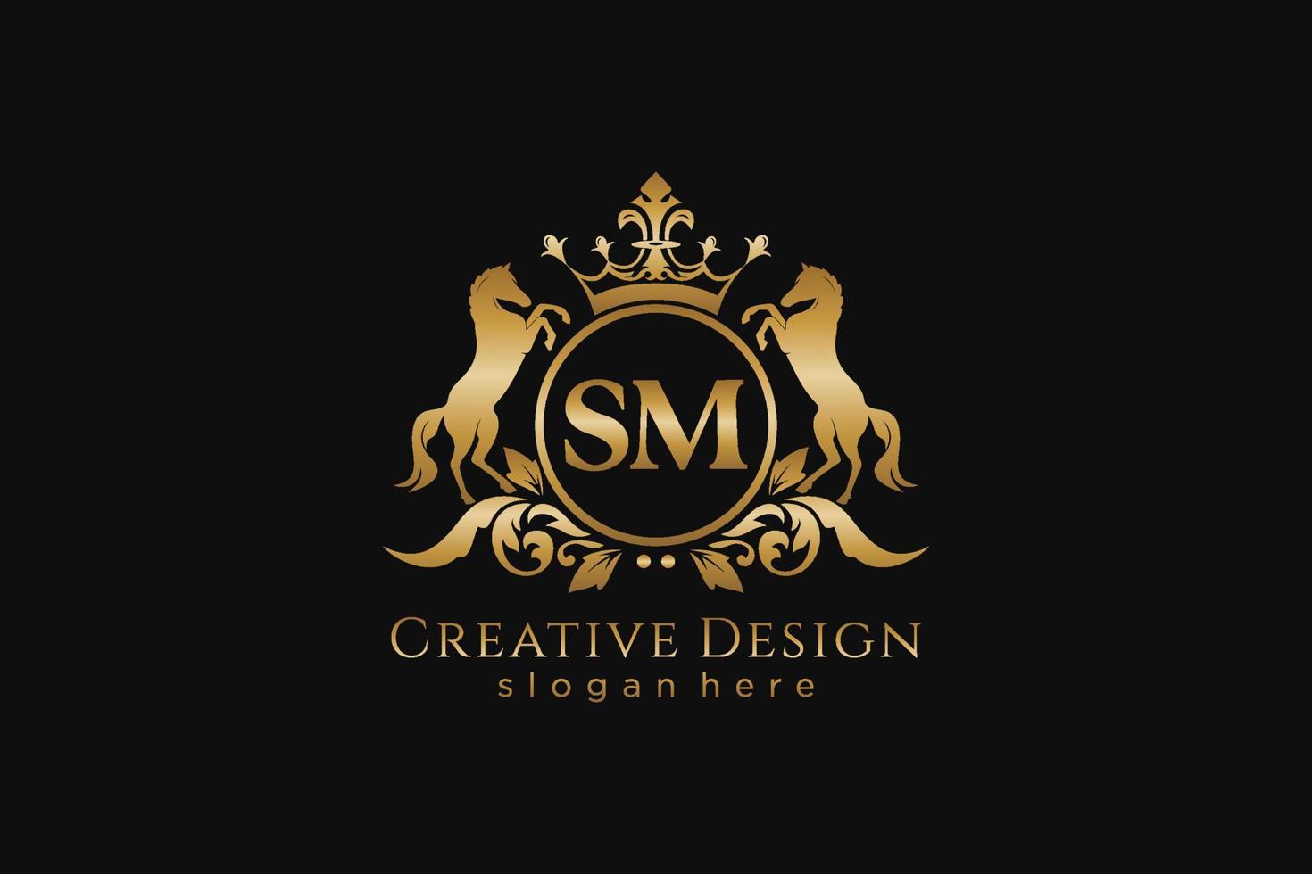 initial SM Retro golden crest with circle and two horses, badge template with scrolls and royal crown - perfect for luxurious branding projects vector