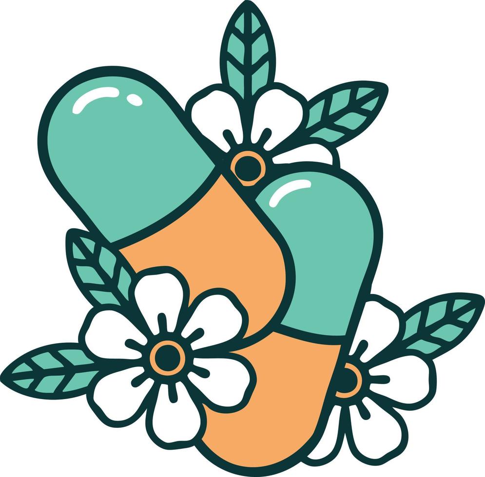 tattoo style icon of pills and flowers vector