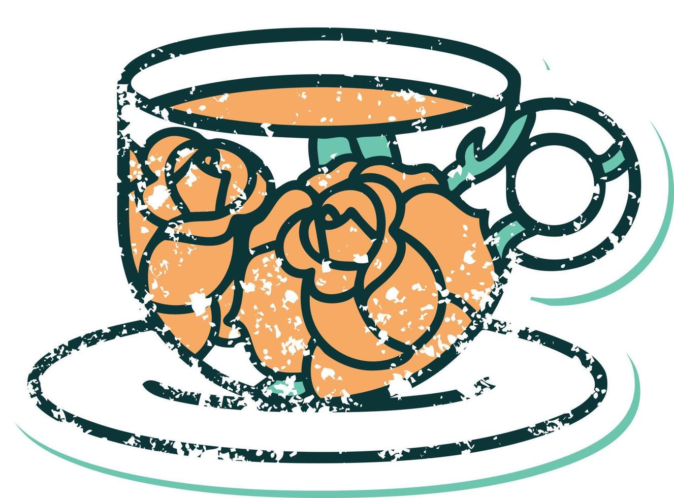 pegatina angustiada icono de estilo tatuaje de una taza y flores vector