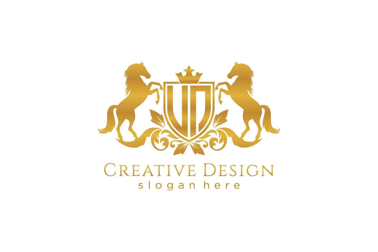 initial UN Retro golden crest with shield and two horses, badge template with scrolls and royal crown - perfect for luxurious branding projects vector