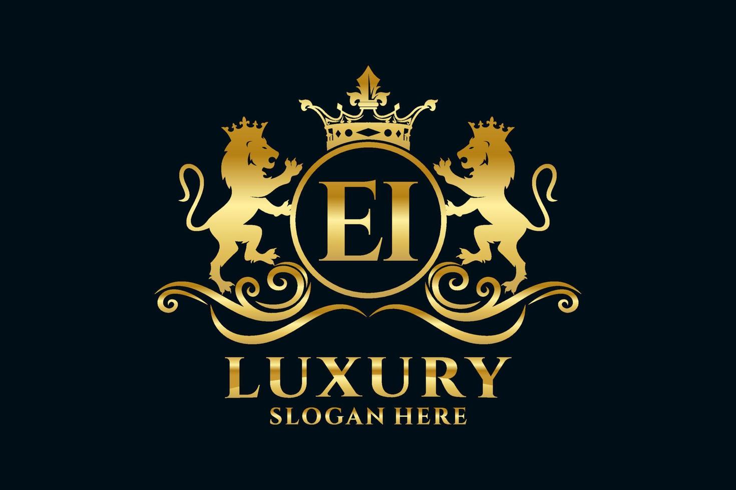 Initial EI Letter Lion Royal Luxury Logo template in vector art for luxurious branding projects and other vector illustration.