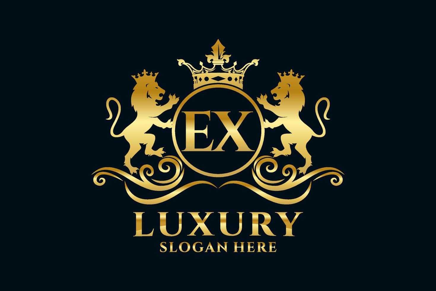 Initial EX Letter Lion Royal Luxury Logo template in vector art for luxurious branding projects and other vector illustration.