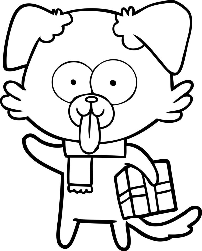 cartoon dog with christmas present vector