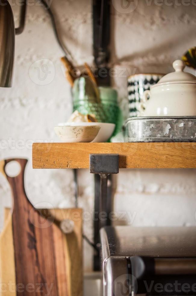 modern kitchen japandi style, kitchen shelves in natural wood, oak photo