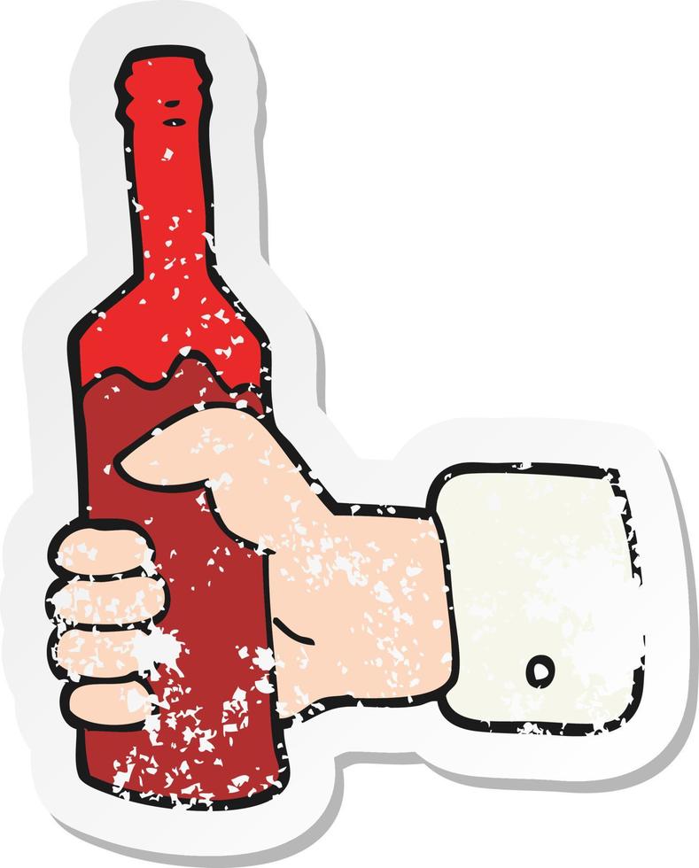 retro distressed sticker of a cartoon hand holding bottle of wine vector