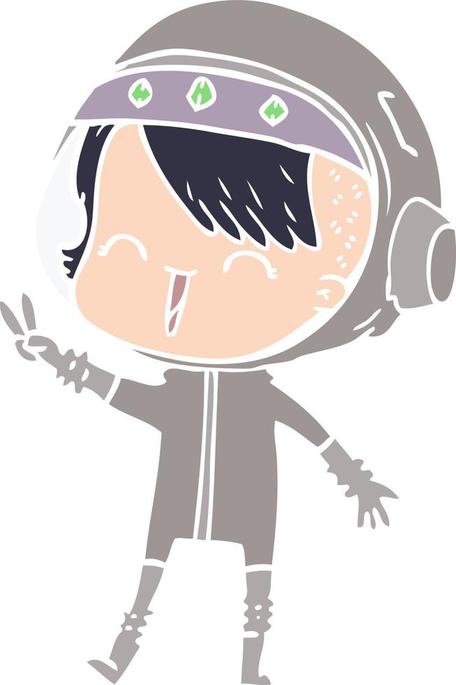 happy flat color style cartoon space girl giving peace sign vector