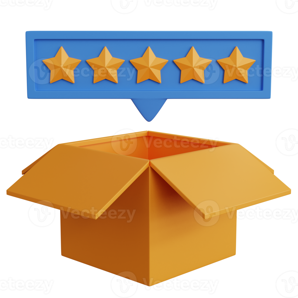 3d rendering open box with five stars isolated png
