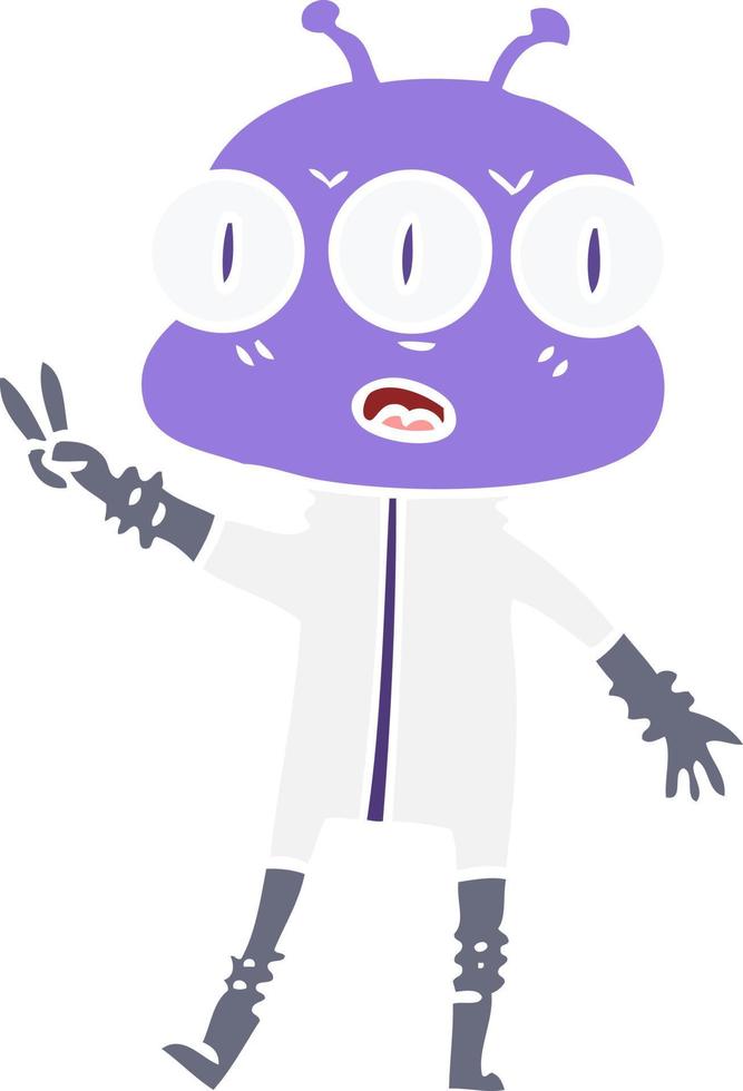 flat color style cartoon three eyed alien waving vector