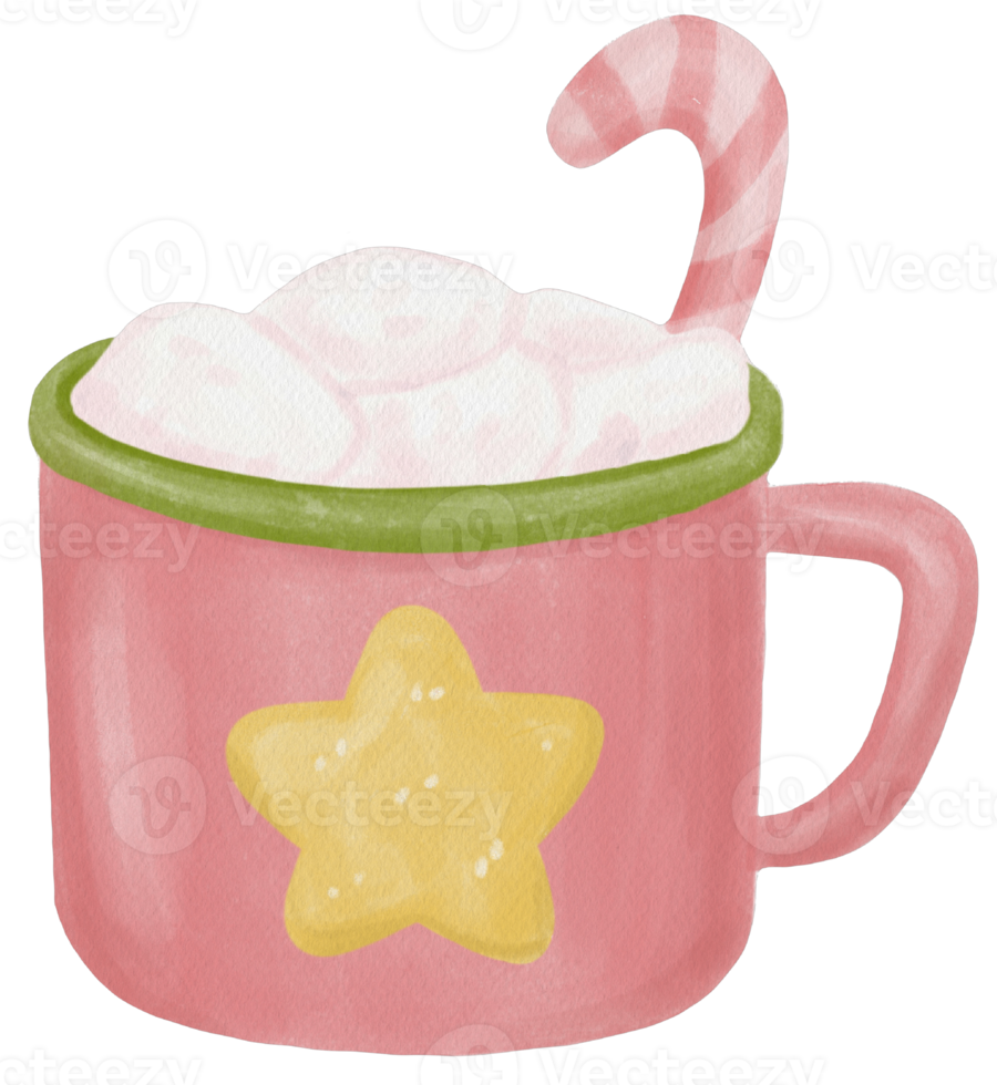 cute cup of chocolate topped with marshmallow watercolor illustration png