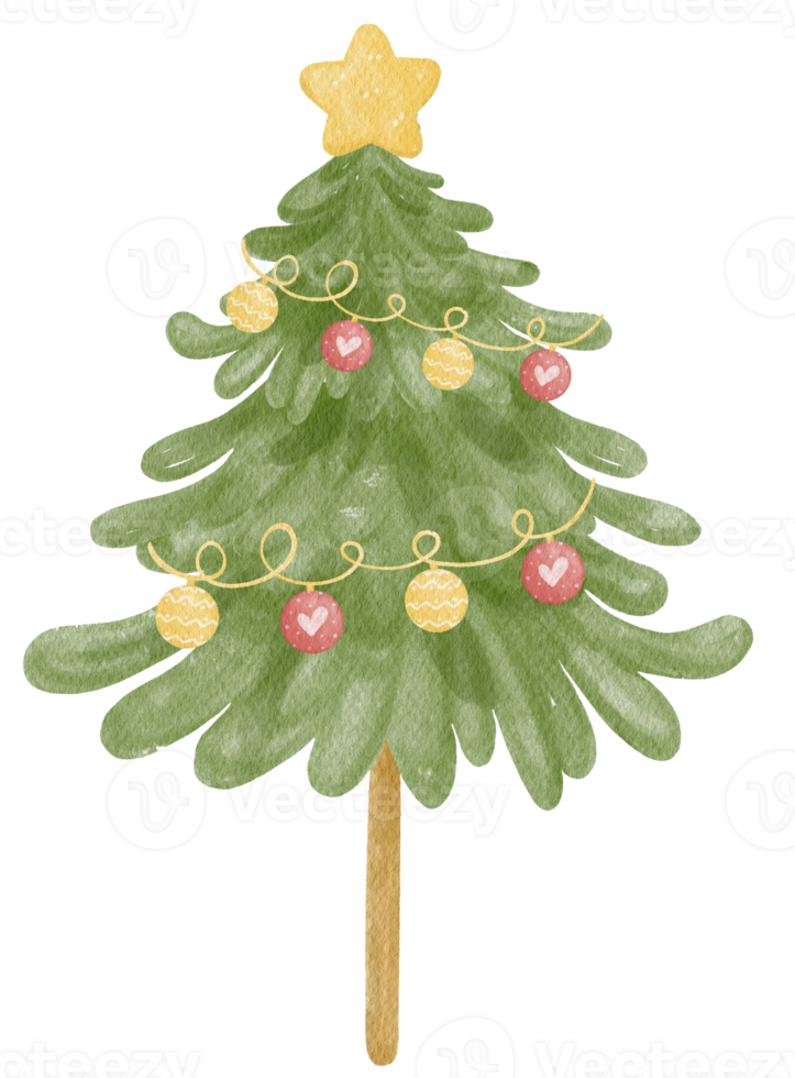 Christmas pine tree with decoration illustration watercolor png