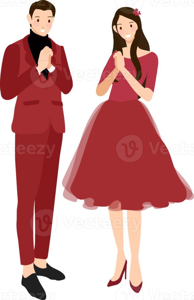 Chinese wedding couple in traditional red dress holding hands and greeting for chinese new year png