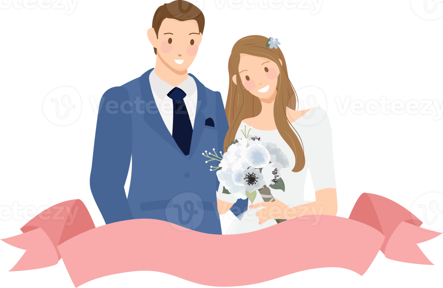 cute cartoon young wedding couple in cherry blossom wreath png