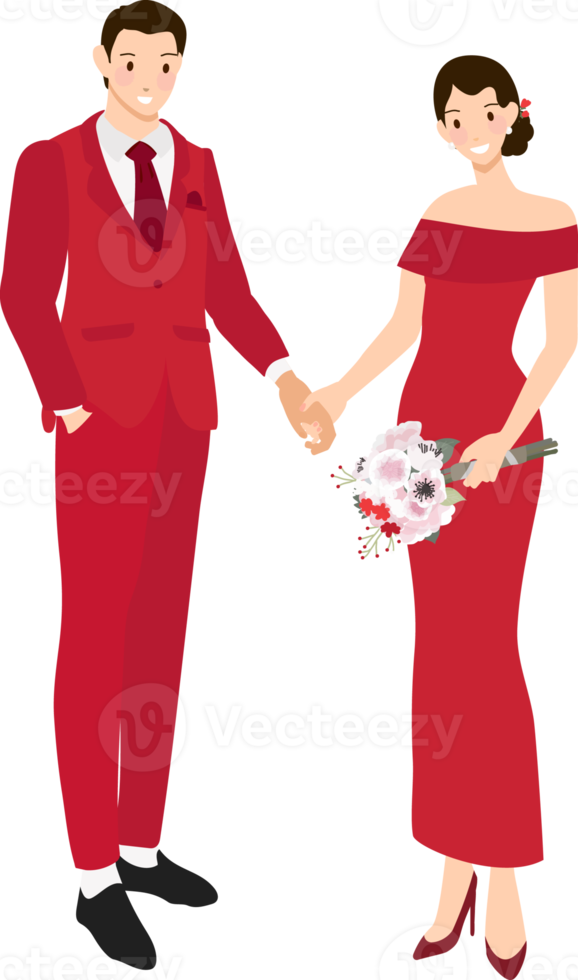 chinesisches hochzeitspaar im traditionellen roten kleid, das hände hält und zum chinesischen neujahr grüßt png