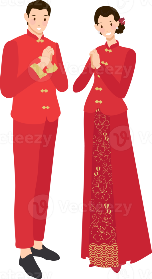 Chinese wedding couple in traditional red dress holding hands and greeting for chinese new year png