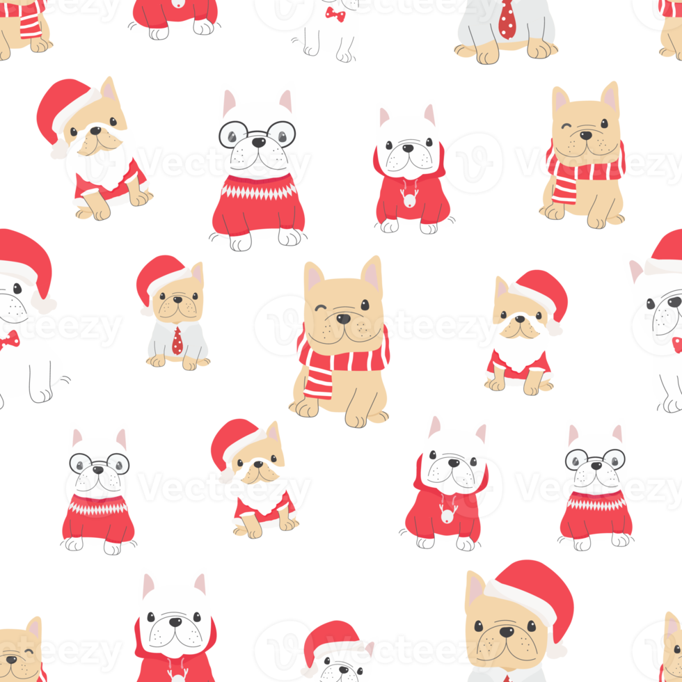 cute french bulldog puppy dog in christmas costume seamless pattern snow background png