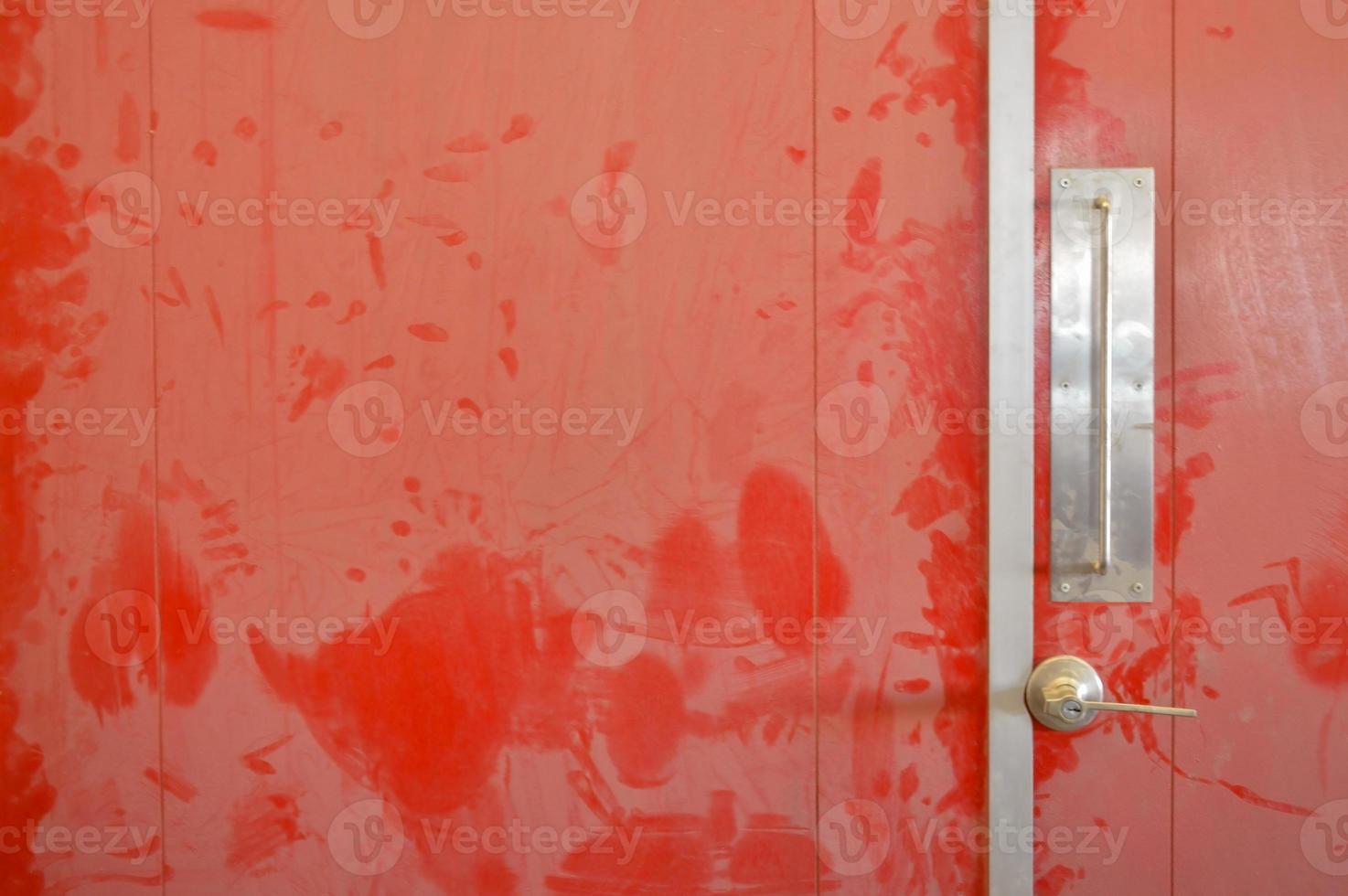 orange metal door with lock and ladder, part of electric service truck, old, rusty and dusty photo