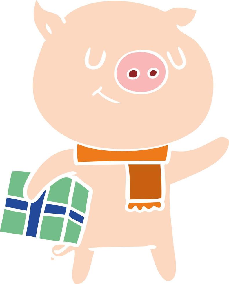 happy flat color style cartoon pig with christmas present vector