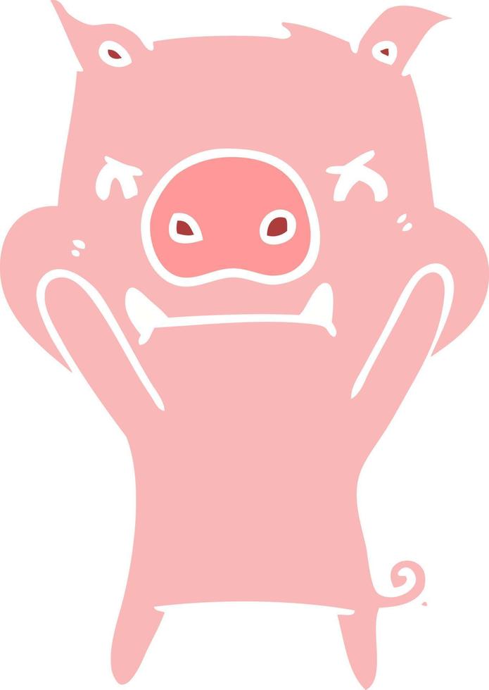 angry flat color style cartoon pig vector