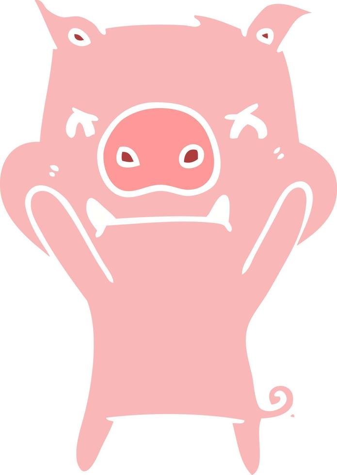 angry flat color style cartoon pig vector