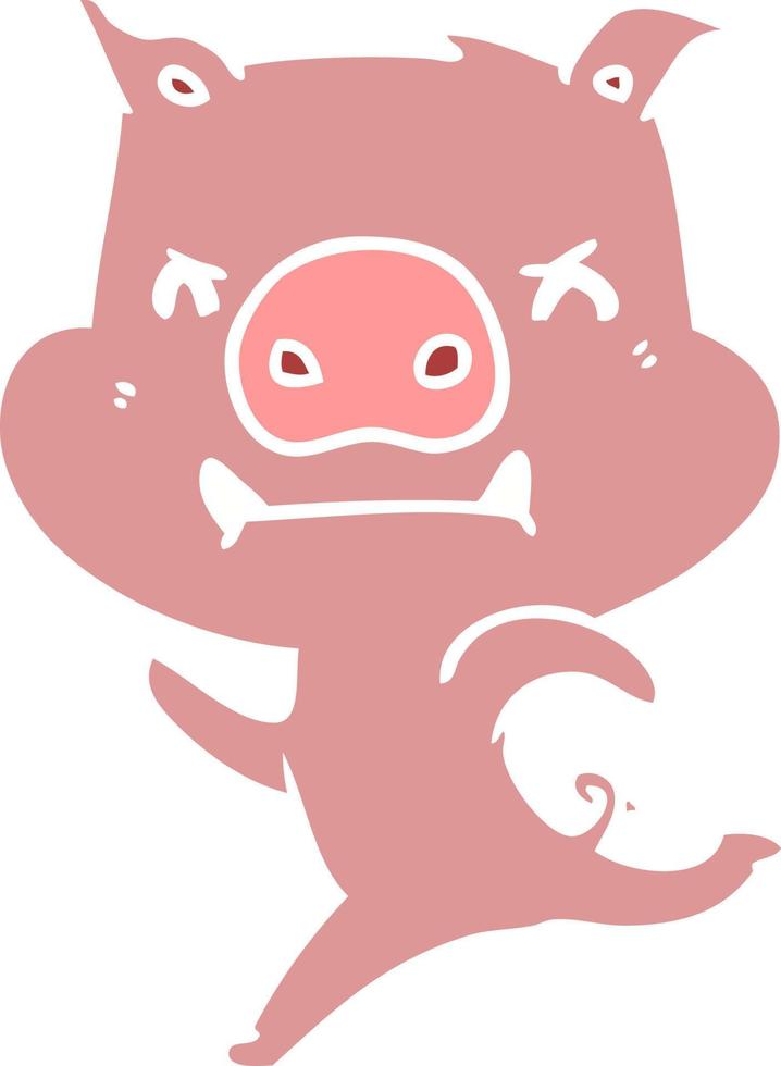 angry flat color style cartoon pig charging vector