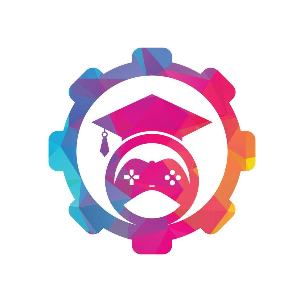 juego educación engranaje forma concepto vector logo diseño. consola de juegos con diseño de icono de gorra de graduación.