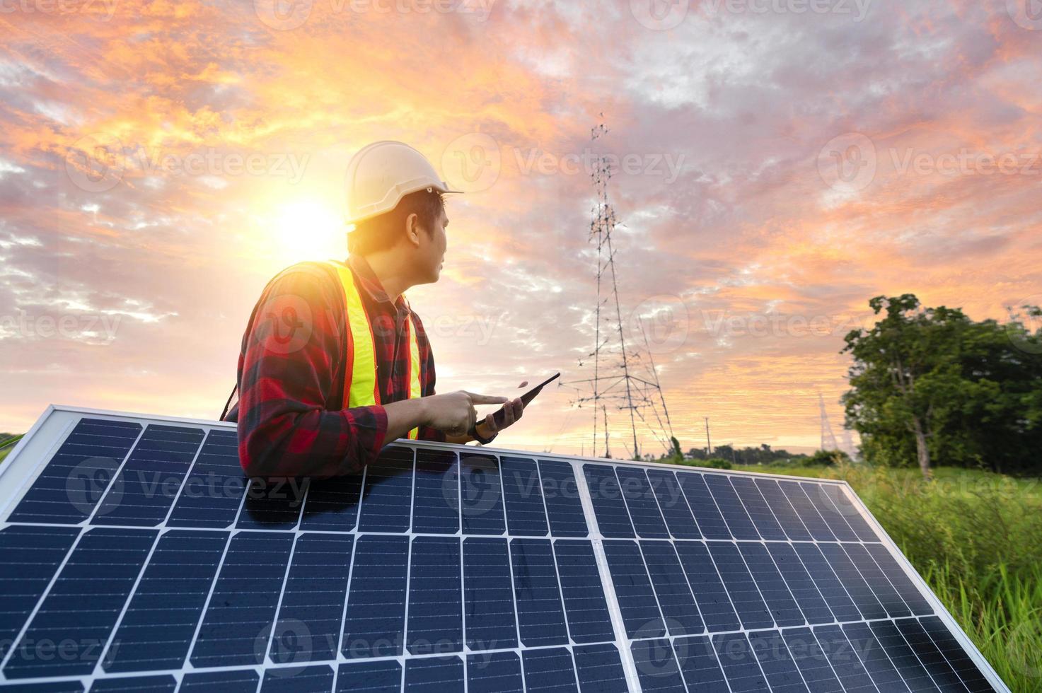 Engineer planning solar panel installation Renewable energy with generators with renewable energy concept. photo