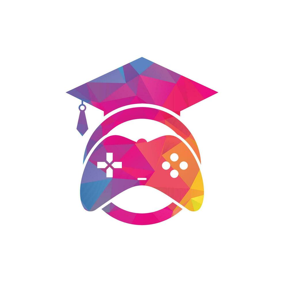 diseño del logotipo del vector educativo del juego. consola de juegos con diseño de icono de gorra de graduación.