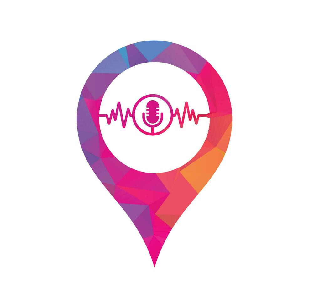 vector de logotipo de concepto de forma de pin de mapa de podcast de pulso. plantilla de vector de diseño de logotipo de línea de latido de podcast