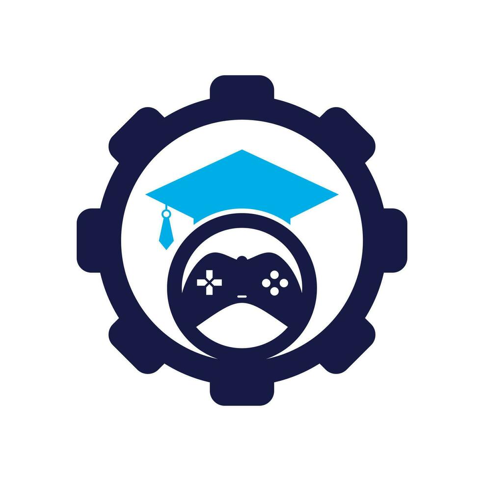 juego educación engranaje forma concepto vector logo diseño. consola de juegos con diseño de icono de gorra de graduación.