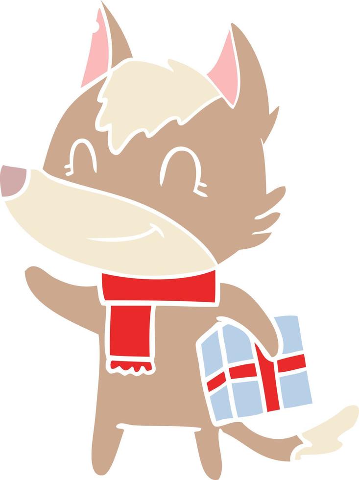 friendly flat color style cartoon wolf with present vector