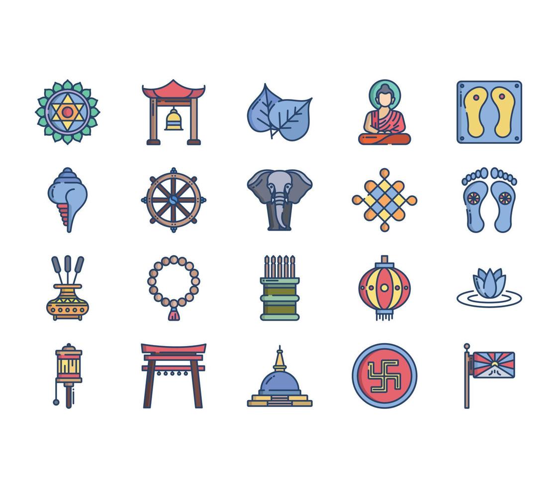 Buddhism religion symbol icon set vector