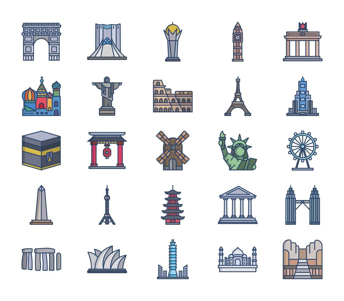 conjunto de iconos de monumentos famosos del mundo vector