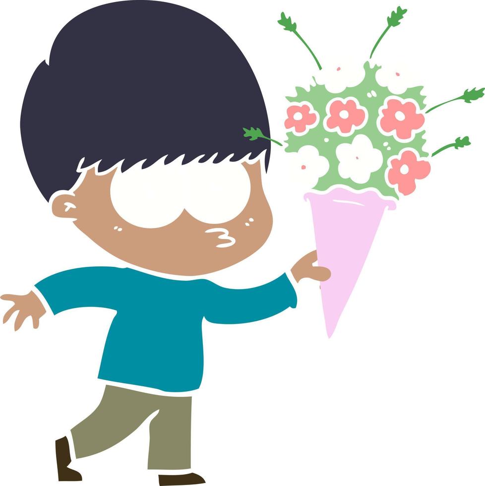 niño de dibujos animados de estilo de color plano nervioso con flores vector