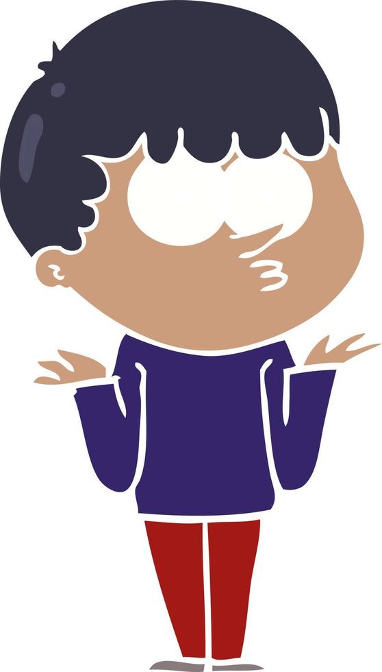 flat color style cartoon curious boy shrugging shoulders vector