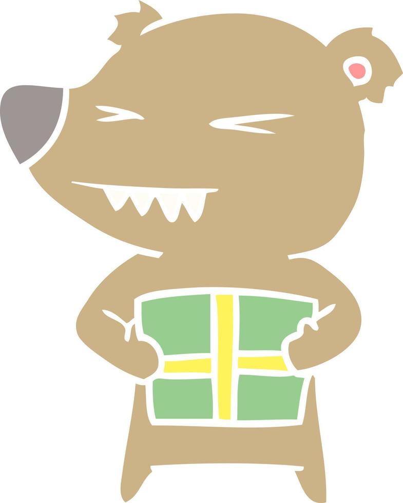 angry bear flat color style cartoon with gift vector