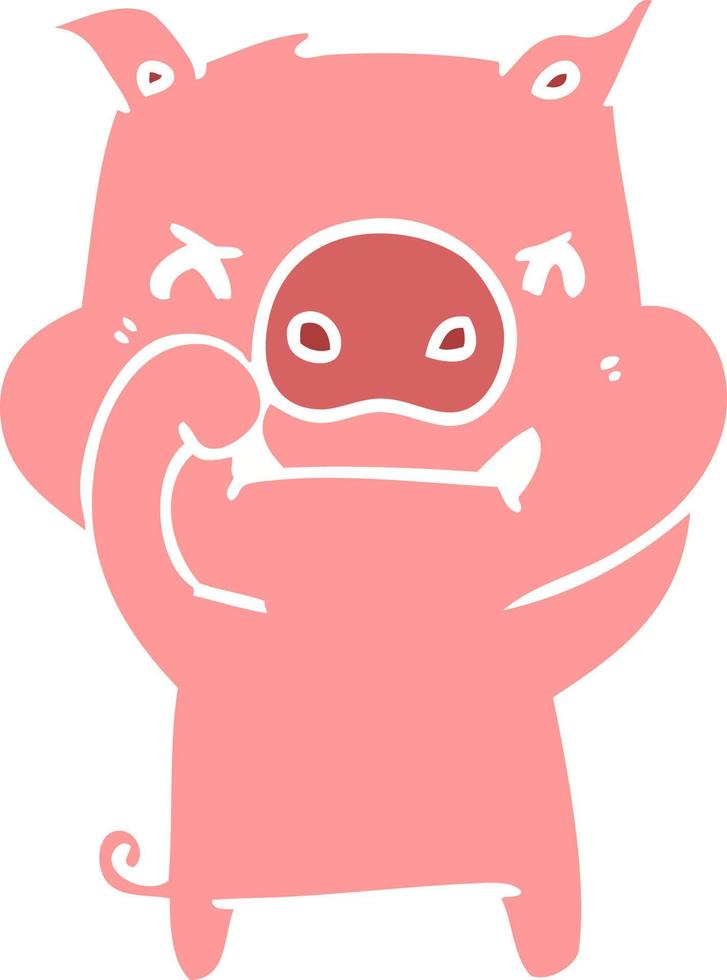 angry flat color style cartoon pig vector