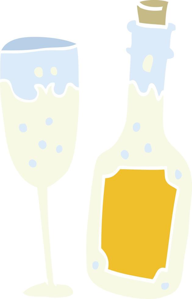 Copa y botella de champán de dibujos animados de estilo de color plano vector