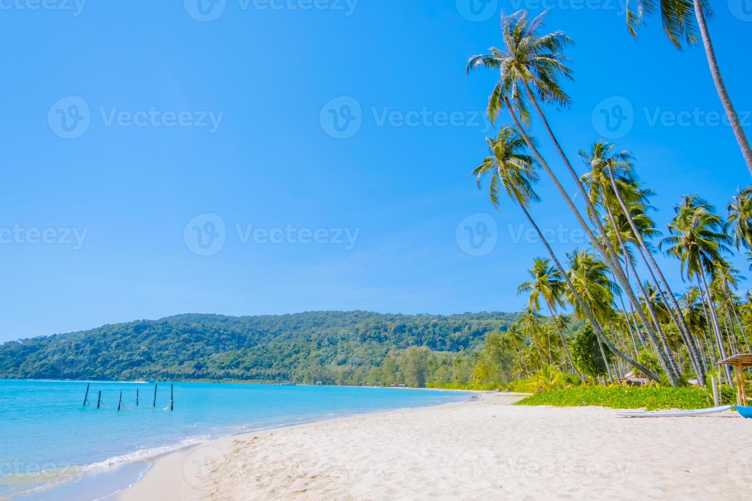 hermosa playa tropical como paisaje marino de verano con palmeras y cielo azul para viajar en tiempo de relajación de vacaciones, en el fondo de la naturaleza foto